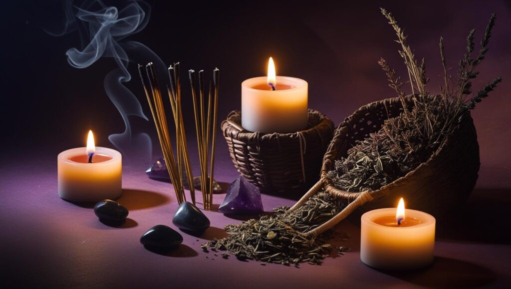 candles, incense, herbs, and crystals in a temple format